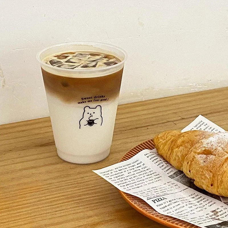 Kawaii Water Bottle for Coffee Juice Milk Tea | Cute Plastic Cold Cups with Straw Lid
