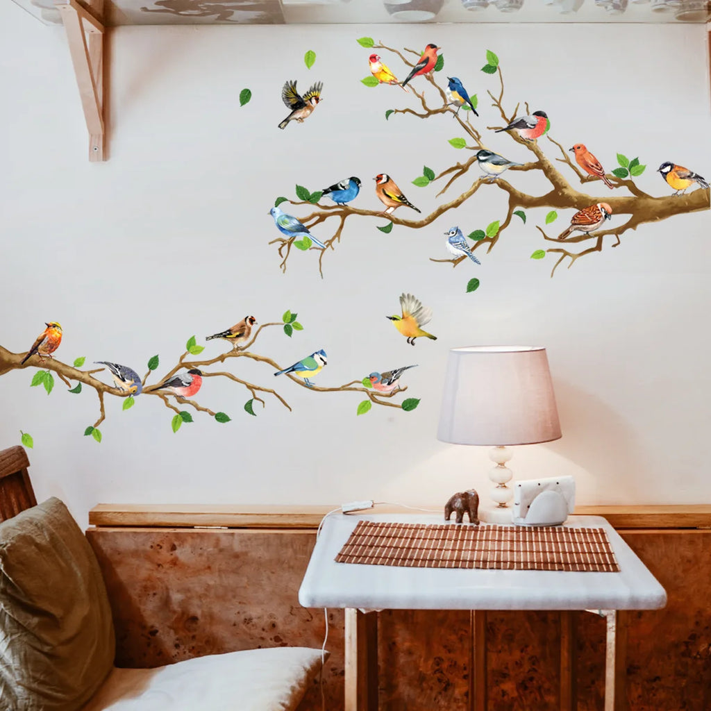 Colorful Birds on Branch Wall Decal | 4pcs Self-Adhesive PVC Art Sticker Set