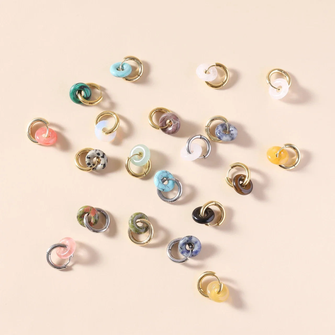 Natural Stone Double Hoop Earrings | Crystal Circle Dangle Drops for Women