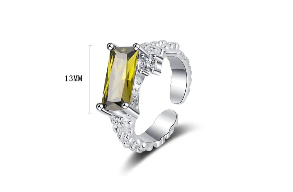 Emerald Cut Green Peridot Ring | 925 Sterling Silver Adjustable Statement Jewelry