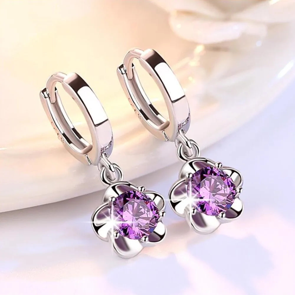 925 Sterling Silver Hoop Earrings with Purple and White Zircon | Fine Jewelry Gift