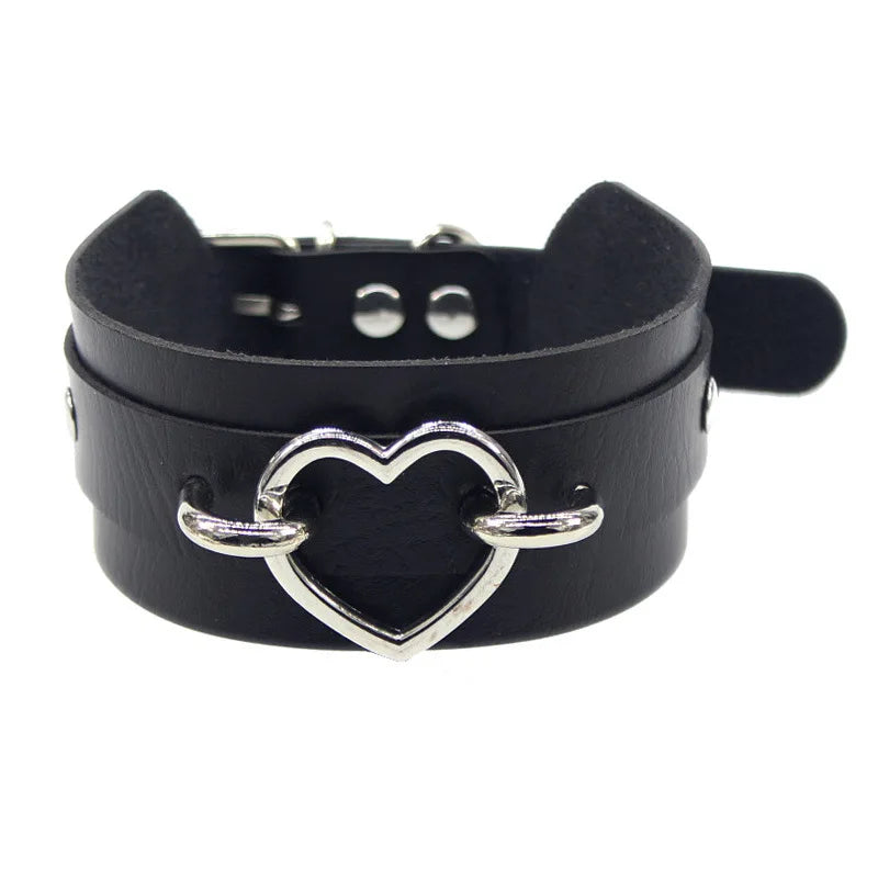 Gothic Bat Heart Lock Punk Choker | Black Leather Collar Necklace