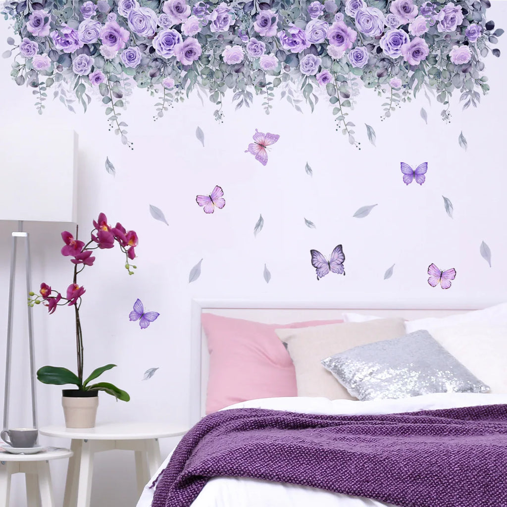 Purple Flower Wall Stickers Self Adhesive | Nordic Art Forest Butterfly Decals for Kids Room