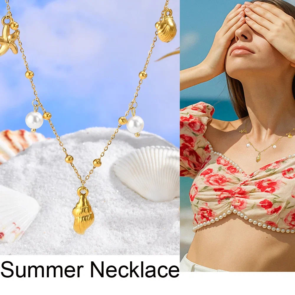 18k Gold Plated Pearl Shell Starfish Necklace | Summer Beach Jewelry for Women