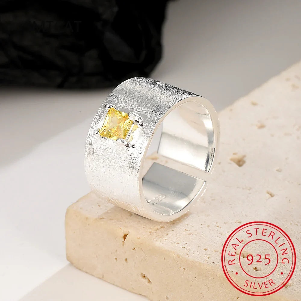 Real 925 Sterling Silver Square Citrine Gemstone Frosted Wide Opening Ring | Women Wedding Party Fine Jewelry