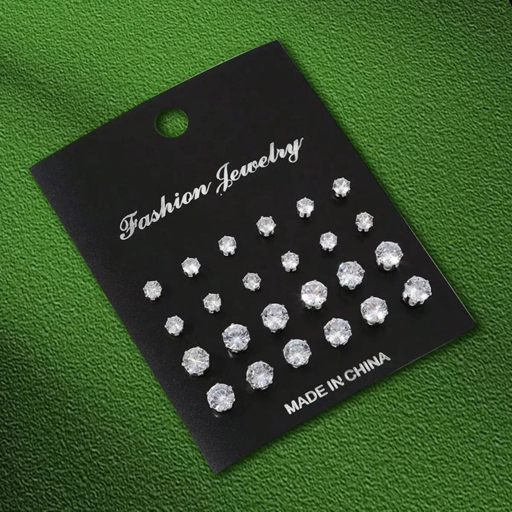12 Pairs Stainless Steel Stud Earrings Set for Women Men | Zircon Bud Jewelry Gift Set