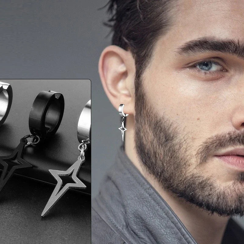 Stainless Steel Punk Star Hoop Earrings | Clip-On Earrings for Men and Women