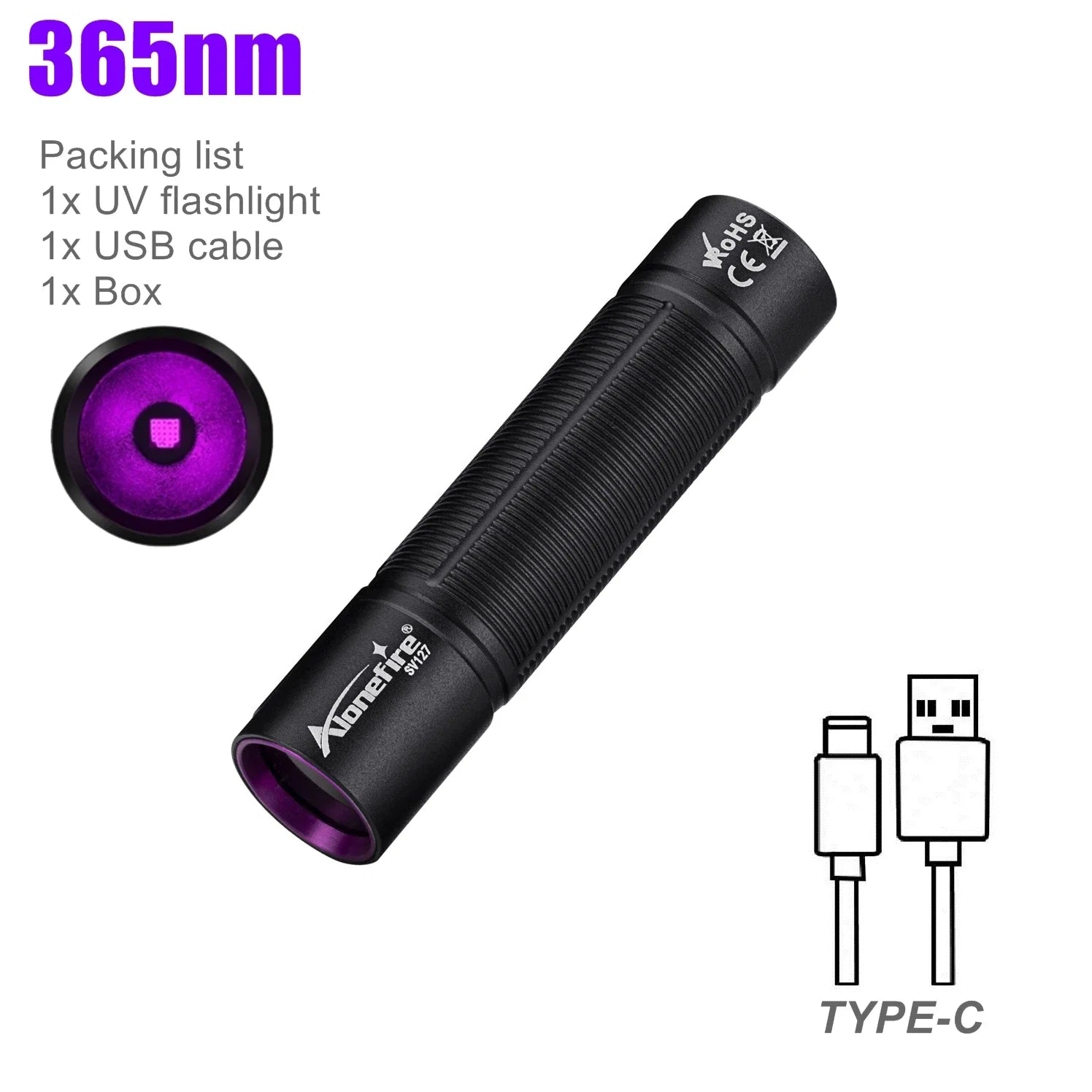 Mini 365nm/395nm UV Flashlight | USB Rechargeable Blacklight for Pet Urine Detection and Money Verification