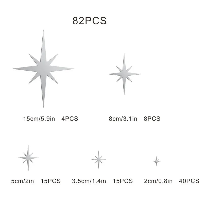 82pcs Acrylic Star Mirror Wall Sticker | Self-Adhesive Wall Decor Set