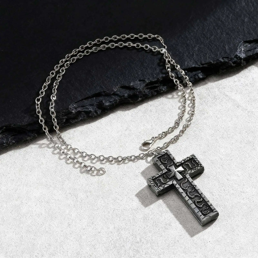 Punk Cross Pendant Necklace for Men | 3D Vintage Openable Metal Pendant
