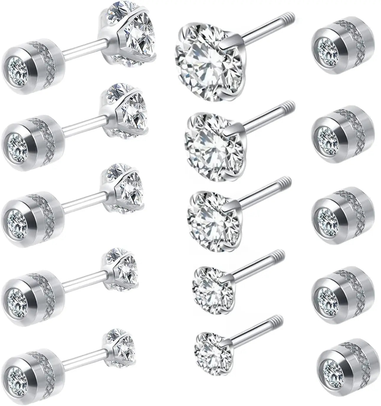 6 Pairs Screw Back Stud Earrings Set | Surgical Stainless Steel Double Sided Round CZ Earrings for Women Men