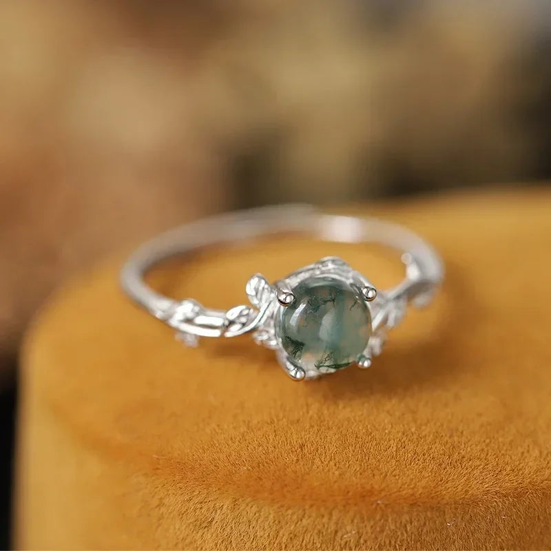 S925 Sterling Silver Green Moss Agate Ring | Classic Women's Wedding Band