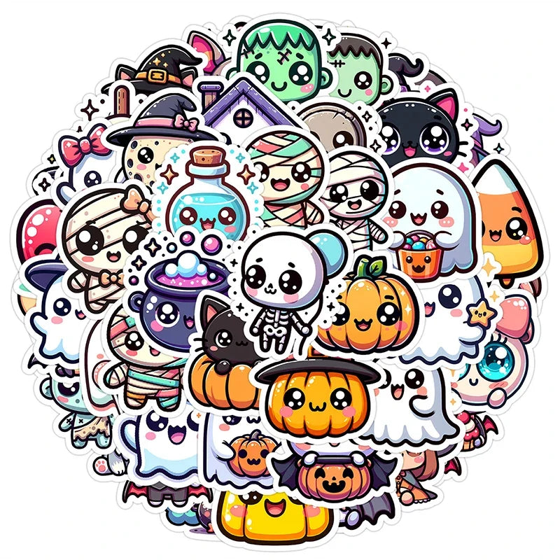 50PCS Halloween Stickers Cute Cartoon Cat Pumpkin Fun Holiday Decals Pack | Vinyl Waterproof Scrapbook Stickers