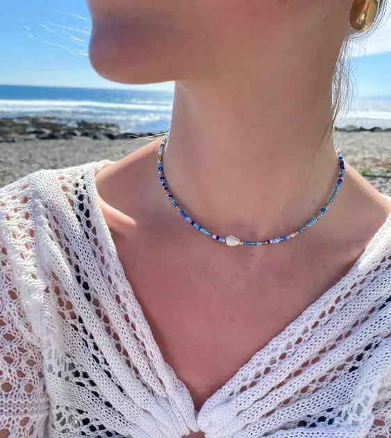 White Glass Seed Bead with Beaded Conch Shells Necklace | Classic Choker for Women