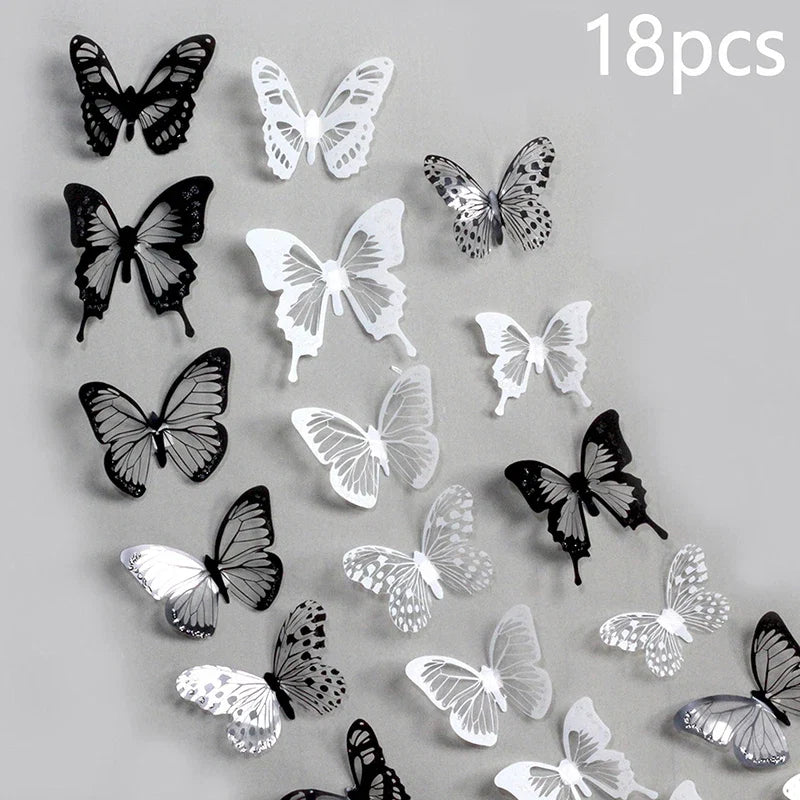 18pcs Black and White Butterfly Wall Stickers | Elegant PVC Decals for Home Decor
