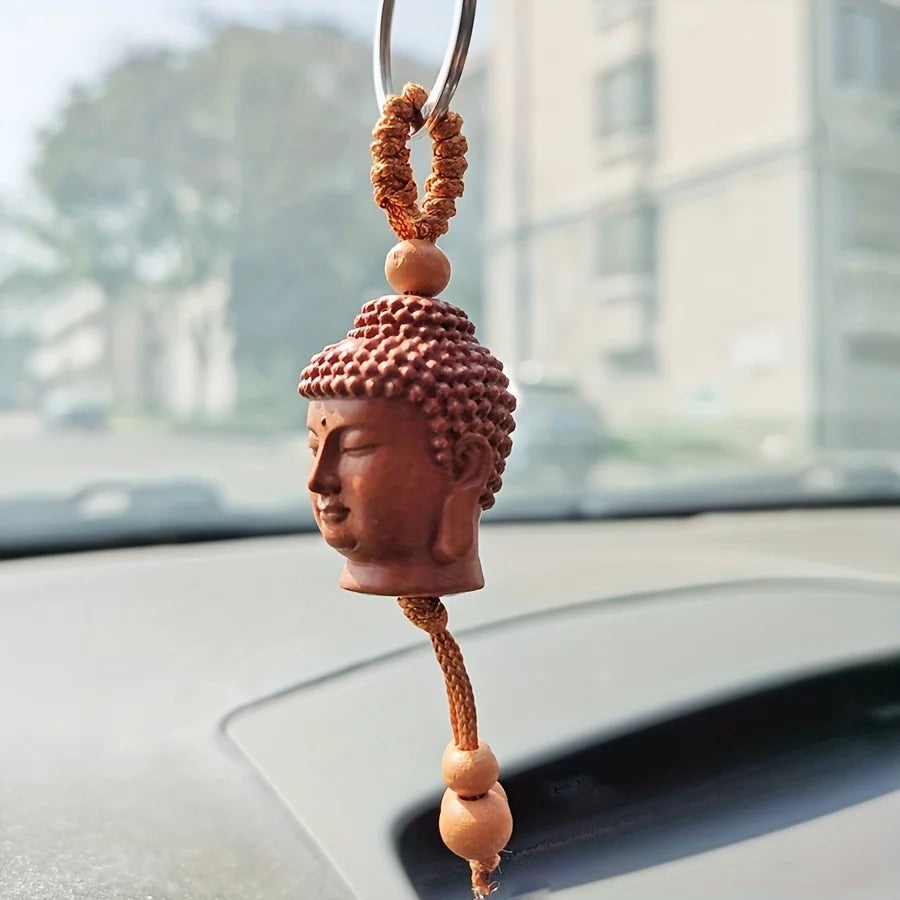 Buddha Head Carved Wood Keychain | Peach Wood Key Ring