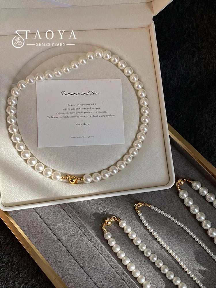 Girl’s Imitation Pearl Magnetic Round Buckle Beaded Choker Necklace | Elegant Collarbone Jewelry for Women