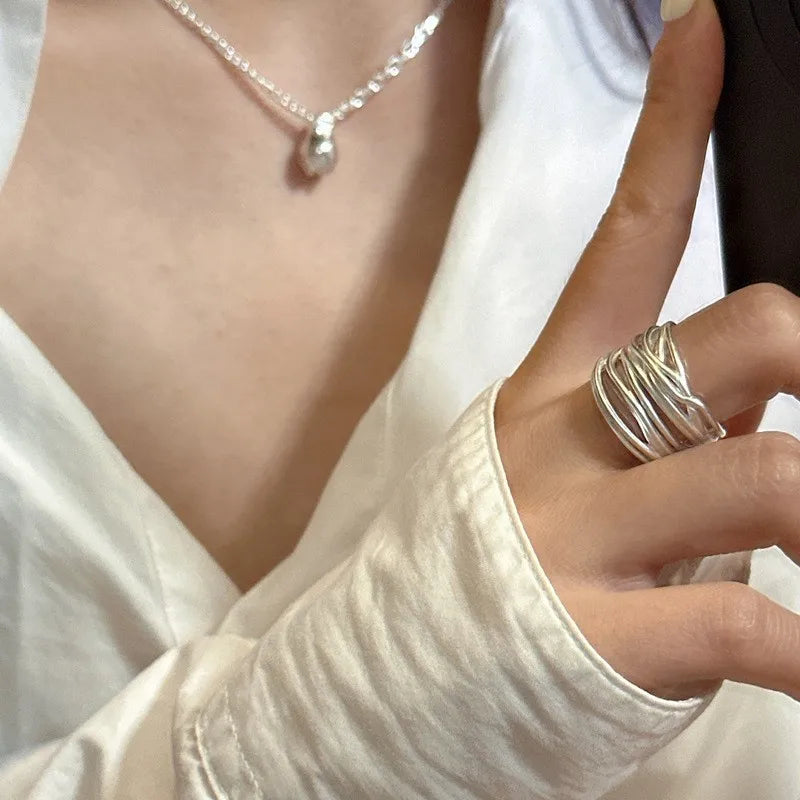 VENTFILLE 925 Sterling Silver Arched Wide Geometric Punk Ring | Asymmetric Cocktail Jewelry