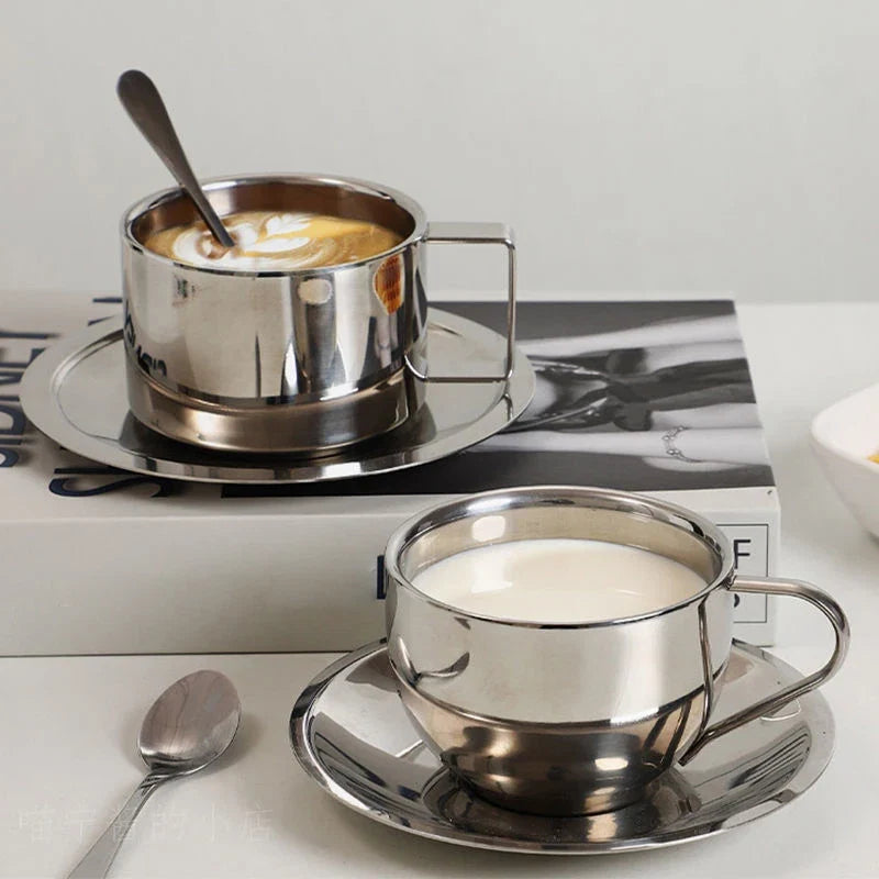 Double Wall Stainless Steel Coffee Cup Set | 180ml/200ml Hot Drink Set with Saucer and Spoon
