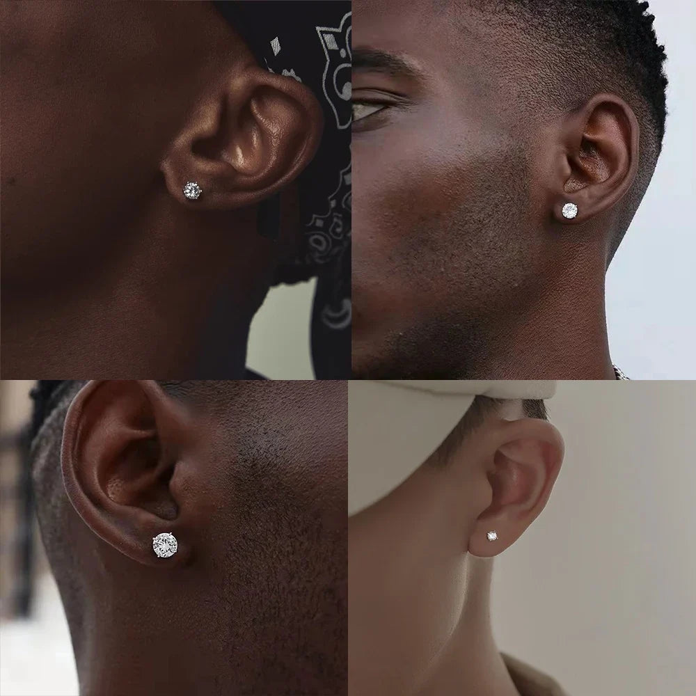 LUXUSTEEL Crystal Zircon Stud Earrings | Screw Back Round CZ Earrings for Men Women
