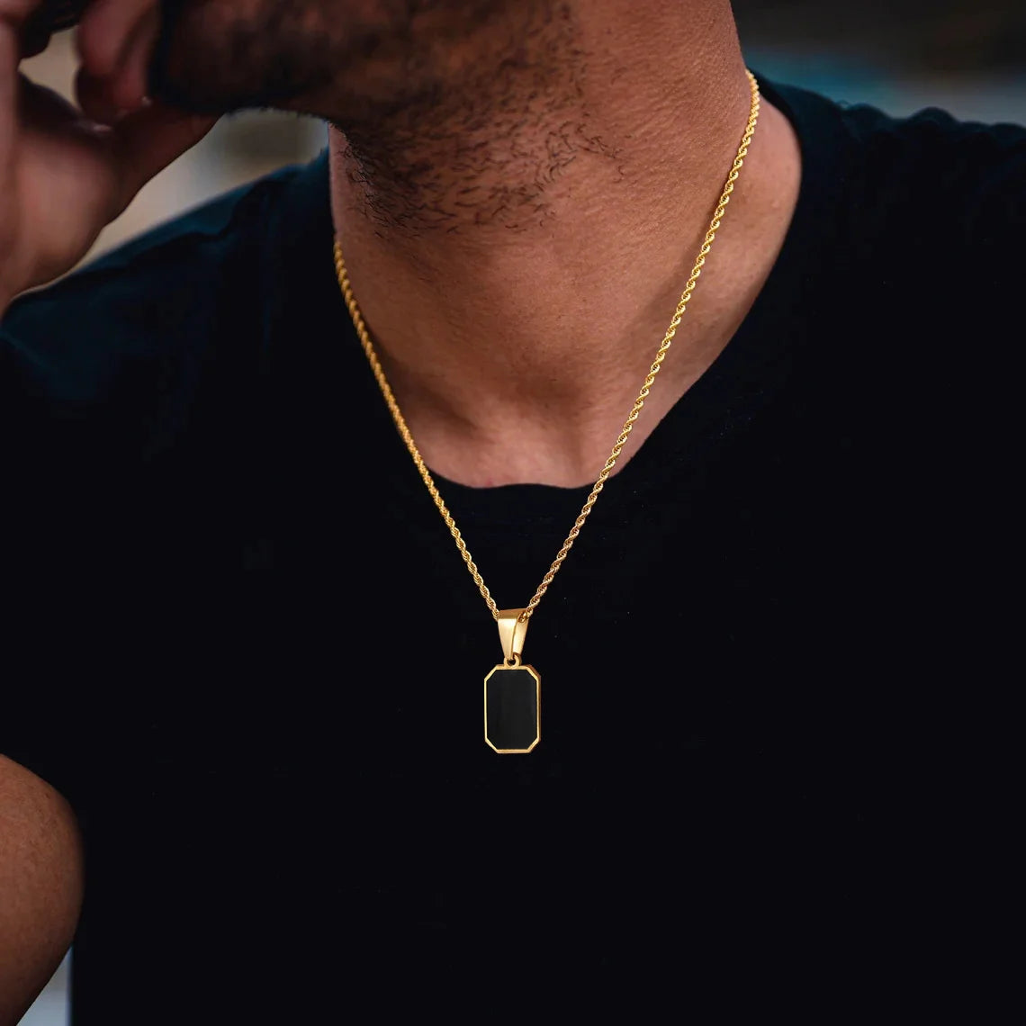 Men's Geometric Square Necklace | Black Enamel Rectangle Pendant with Rope Chain