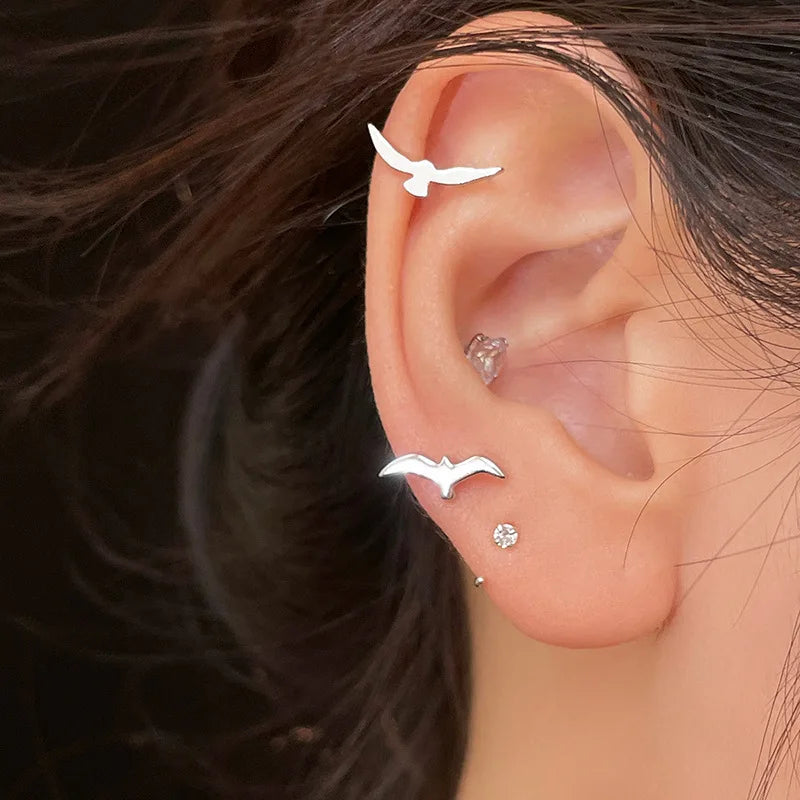 Asymmetrical Small Seagull Earrings | Delicate Stylish 925 Silver Bird Jewelry