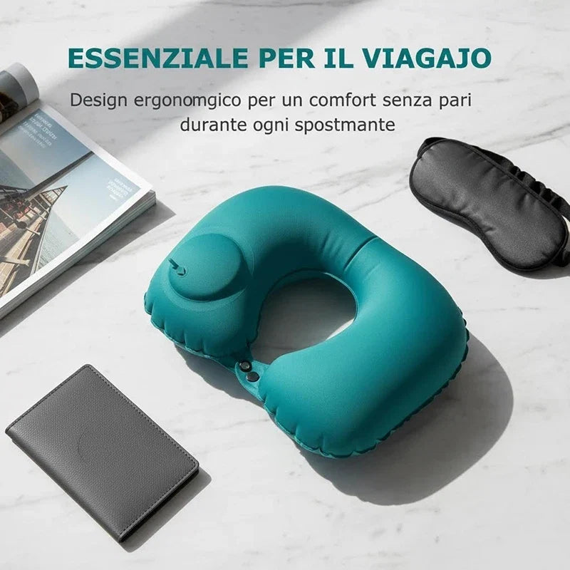 Portable Inflatable U-Shaped Neck Pillow for Travel | Press-Inflatable Neck Support with Built-In Storage
