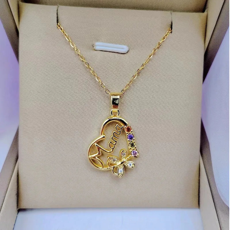 Crystal Heart Mama Necklace | Stainless Steel Pendant Jewelry for Mom