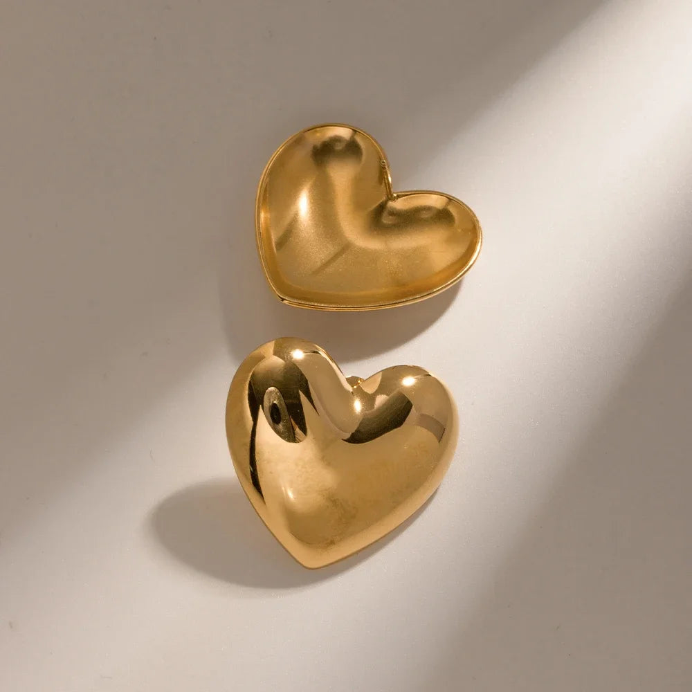 18K Gold Plated Stainless Steel Heart Stud Earrings | Smooth & Waterproof Jewelry Gift