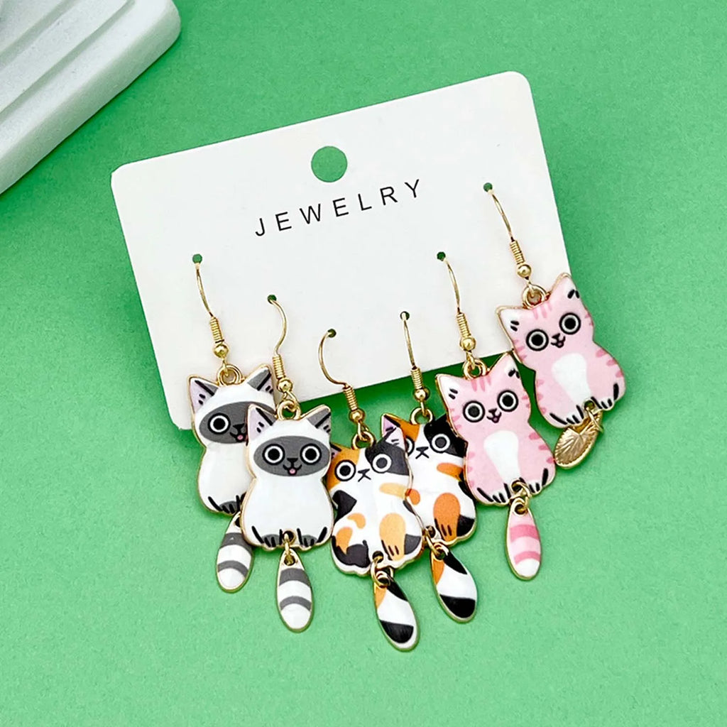 Fashionable Enamel Cat Earrings Set | 3 Pairs Cute Cartoon Drop Earrings for Women and Girls