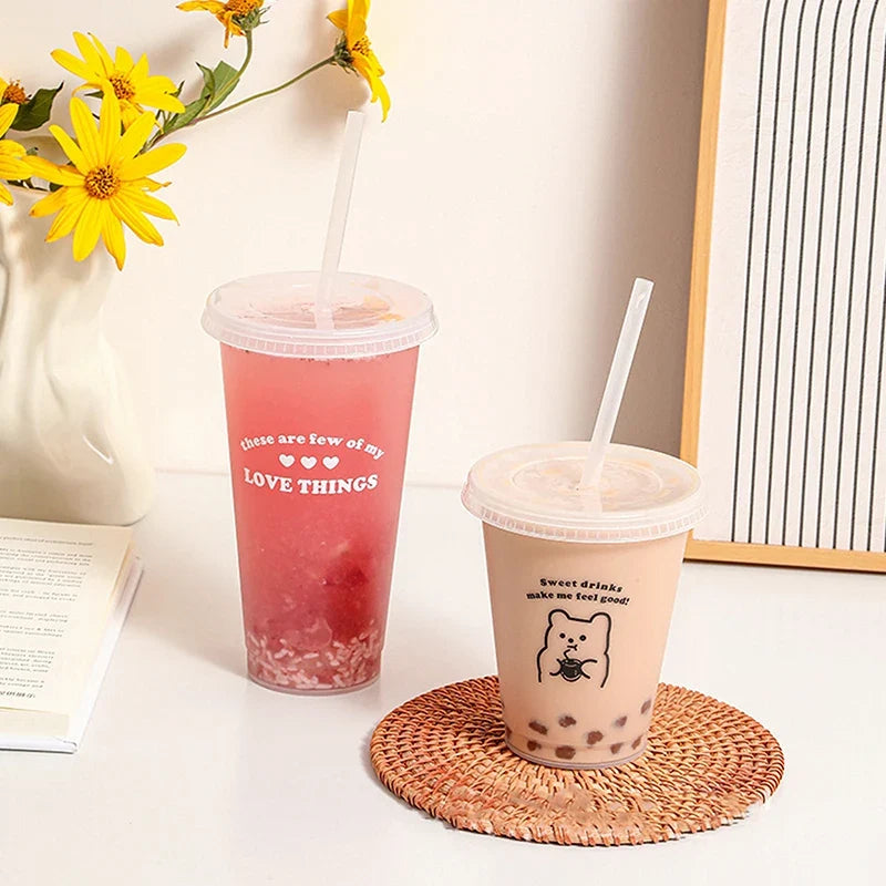 Kawaii Water Bottle for Coffee Juice Milk Tea | Cute Plastic Cold Cups with Straw Lid