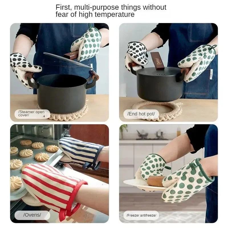 Polka Dot Heat Resistant Oven Mitts | Japanese Style Microwave Safe Kitchen Gloves