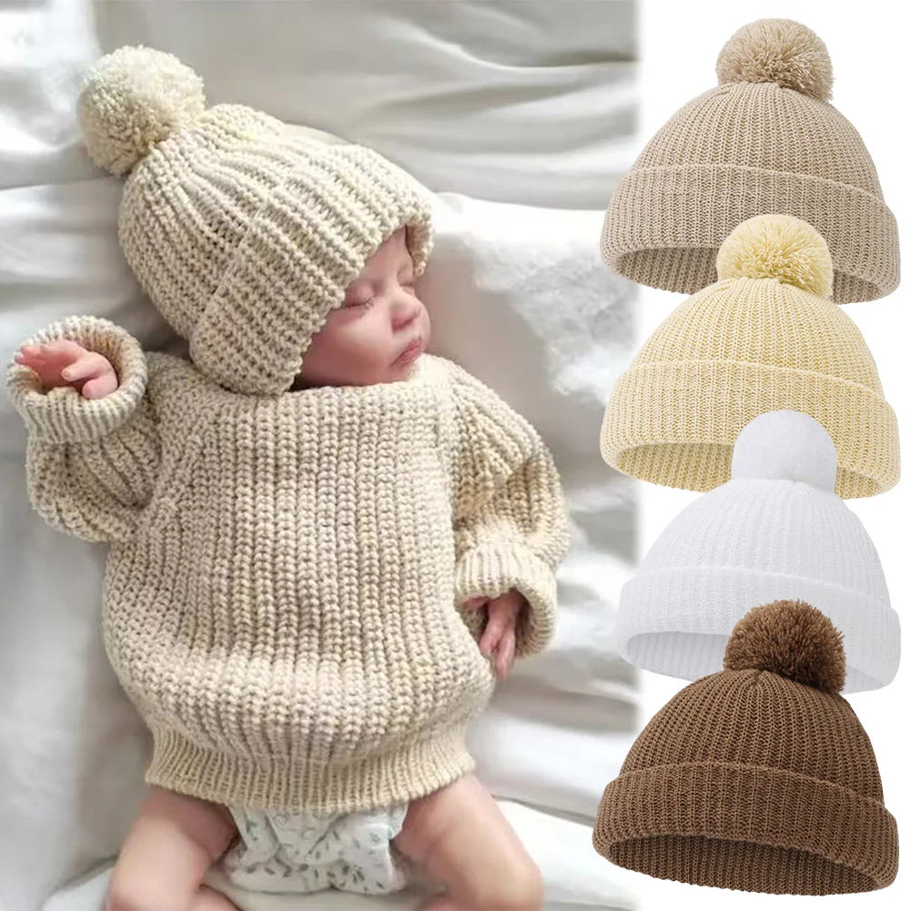 Solid Pom Knitted Baby Beanie | Newborn Infant Winter Hat