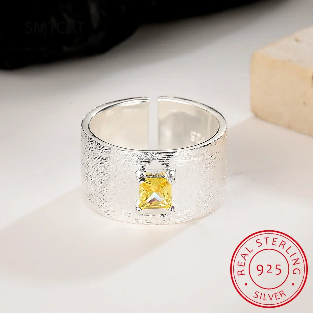Real 925 Sterling Silver Square Citrine Gemstone Frosted Wide Opening Ring | Women Wedding Party Fine Jewelry