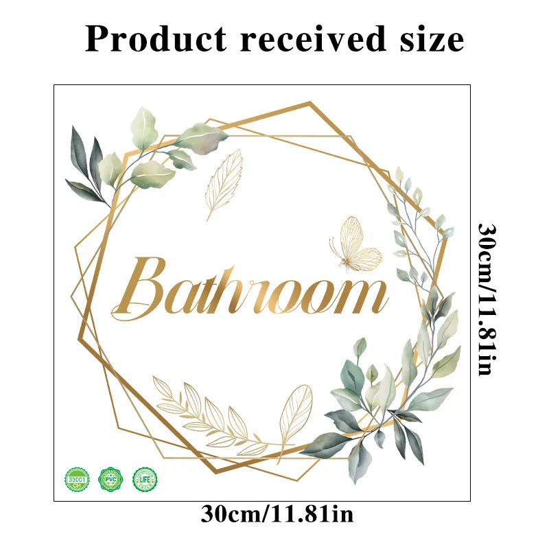 Green Plant Toilet Door Sticker Golden Letter Removable Self-adhesive Waterproof PVC Bathroom Decoration Decal