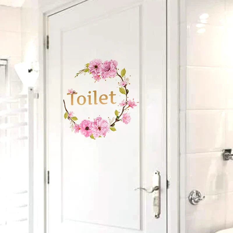 Flower Toilet Door Wall Stickers | Elegant Bathroom Decor Signs