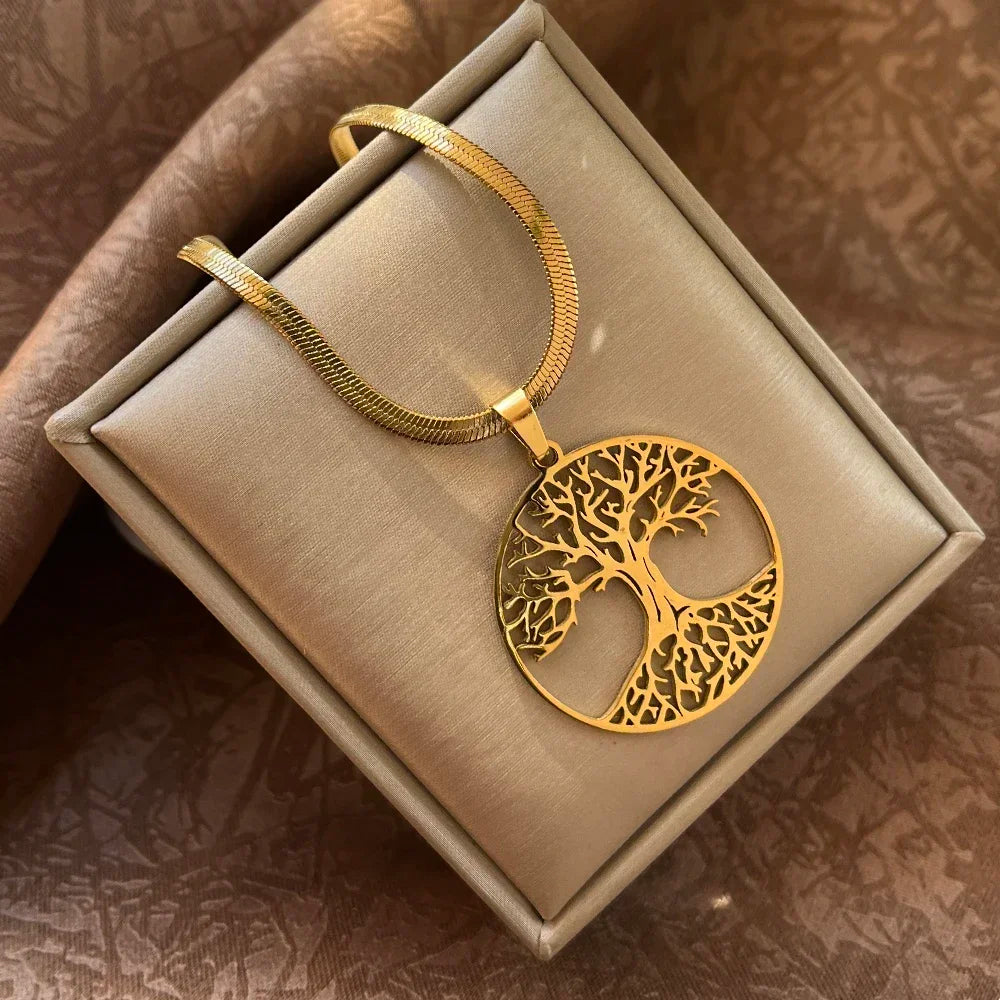 Tree of Life Pendant Necklace | Stainless Steel Snake Chain Choker for Men and Women
