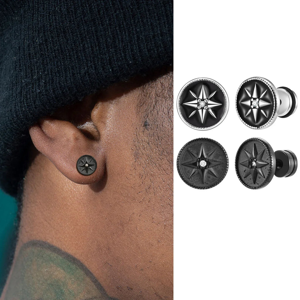 Black Compass Stud Earring for Men | Nautical Star with White Zircon