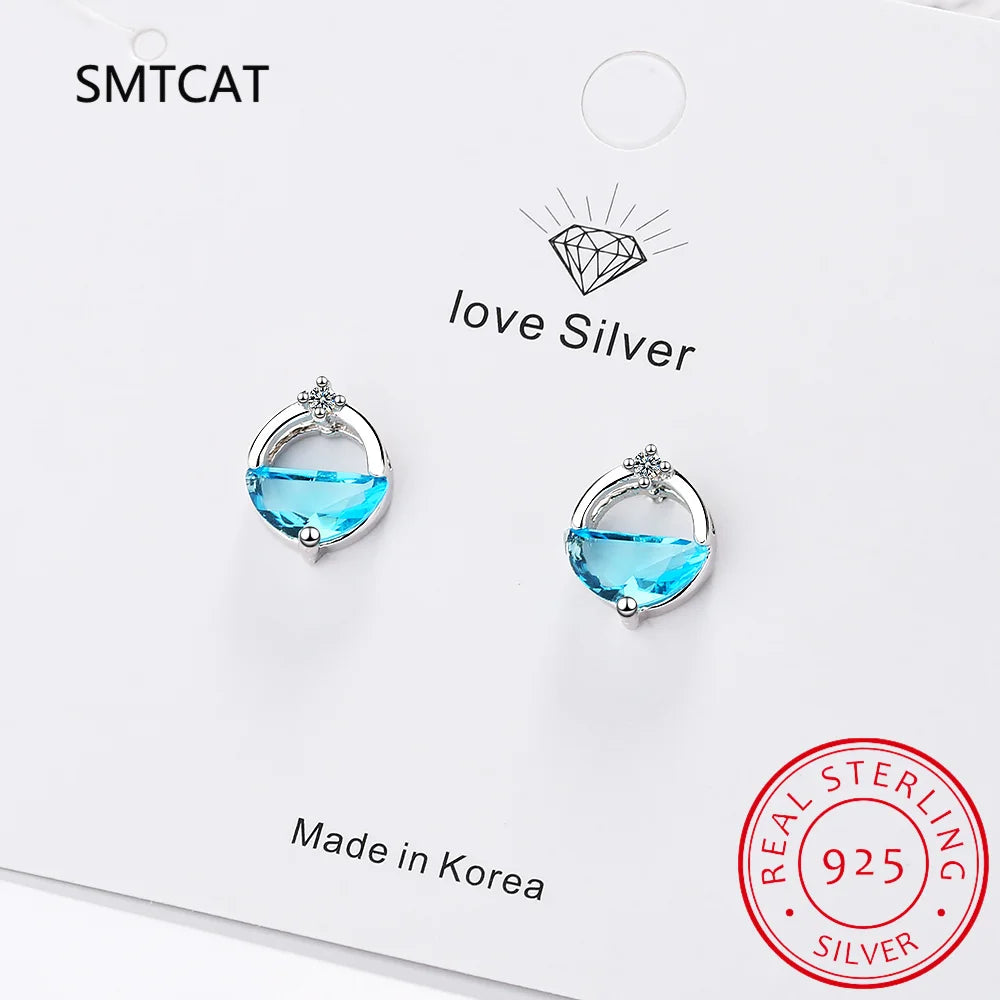 Half Round Natural Sky London Blue Topaz 925 Sterling Silver Spring Water Stud Earrings | Women's Fine Gemstone Jewelry