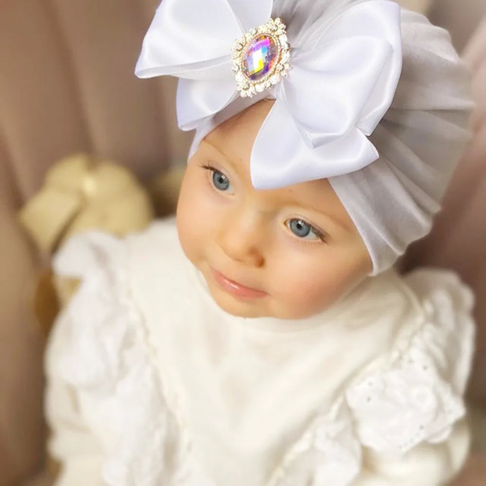 Solid Color Baby Turban Bow Beanie with Rhinestone | Handmade Infant Cap for Girls 0-2 Years