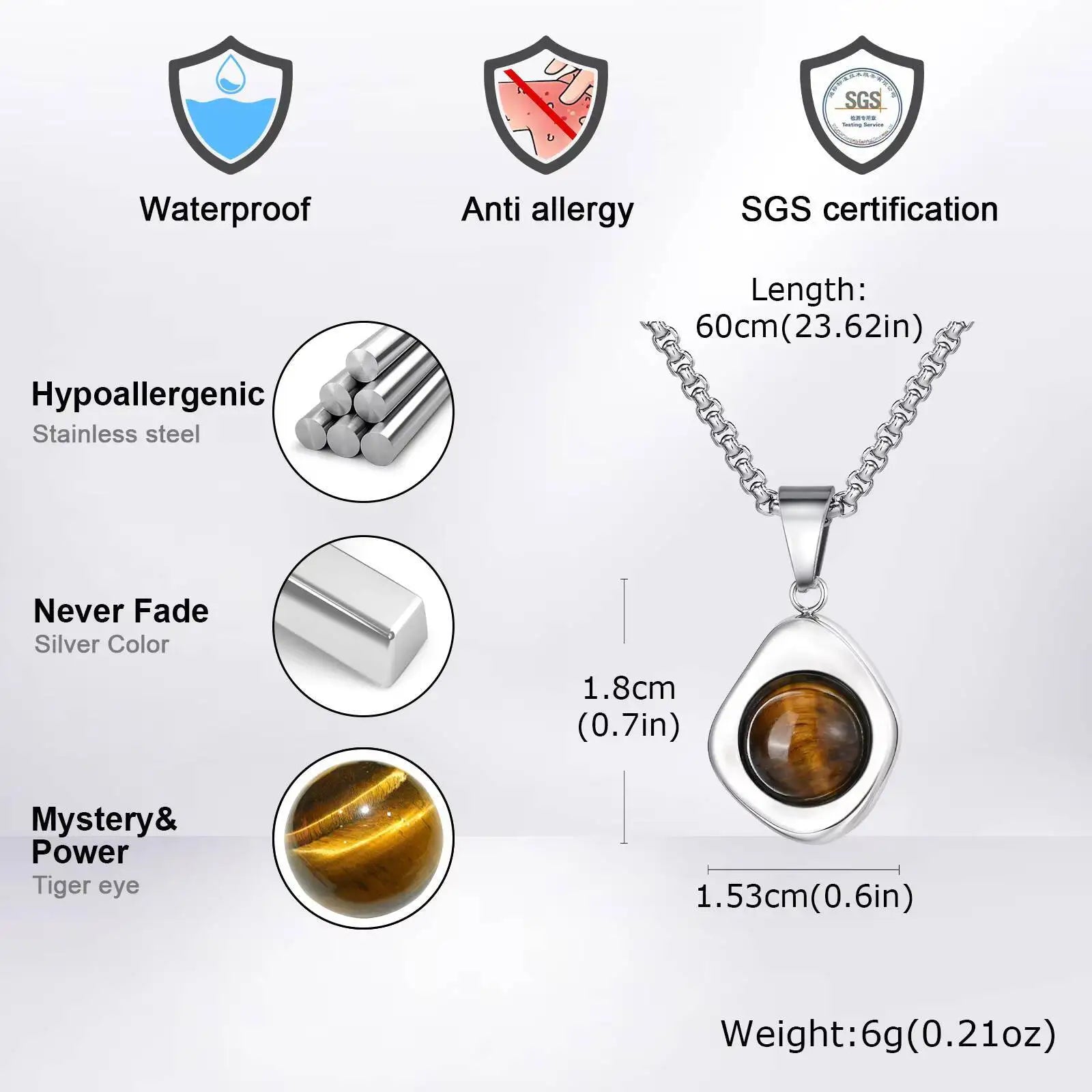 Vnox Tiger Eye Stone Irregular Pendant Necklace | Stainless Steel Natural Stone Jewelry for Men