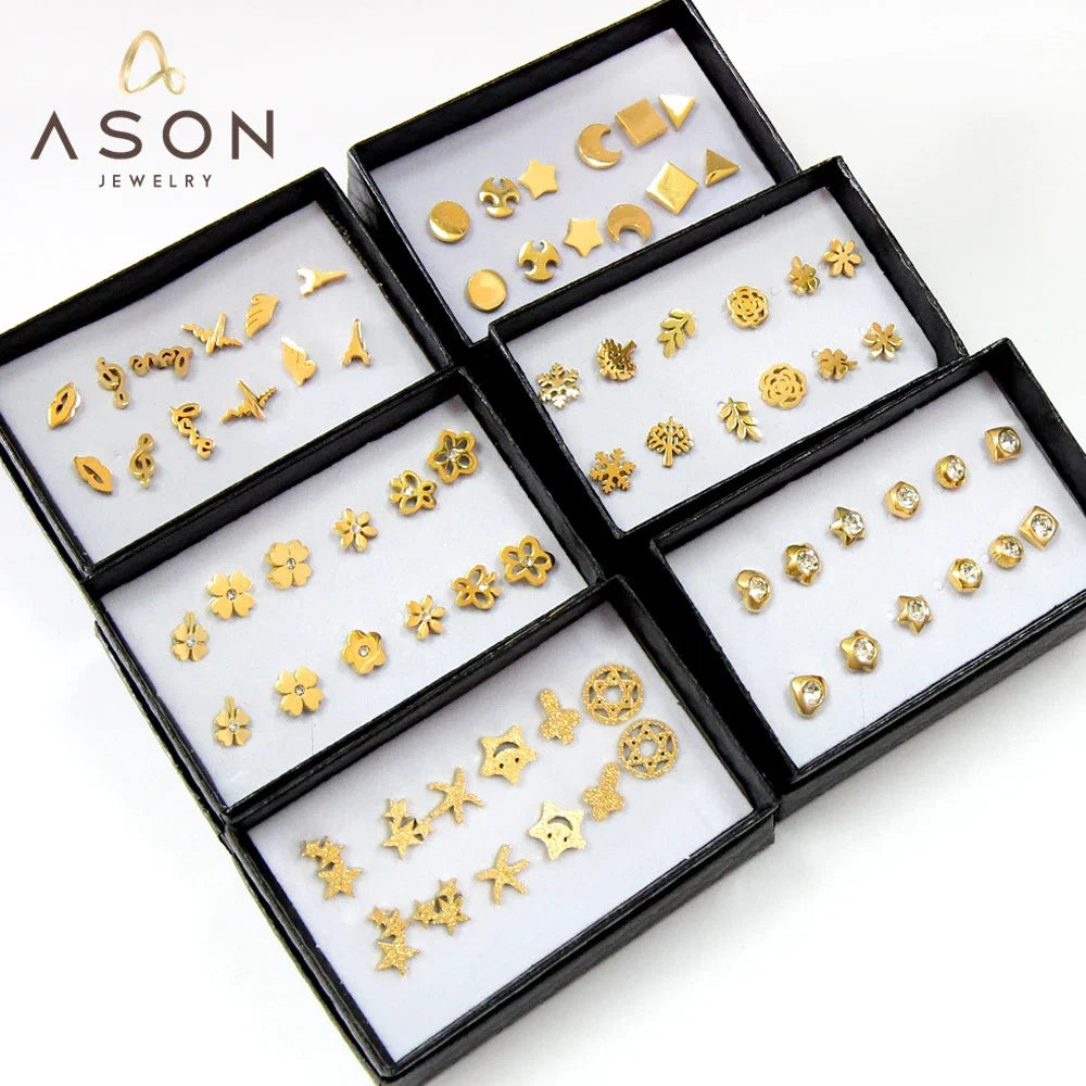 6 Pairs Vintage Stud Earrings Set for Women | Stainless Steel Snowflake Piercing