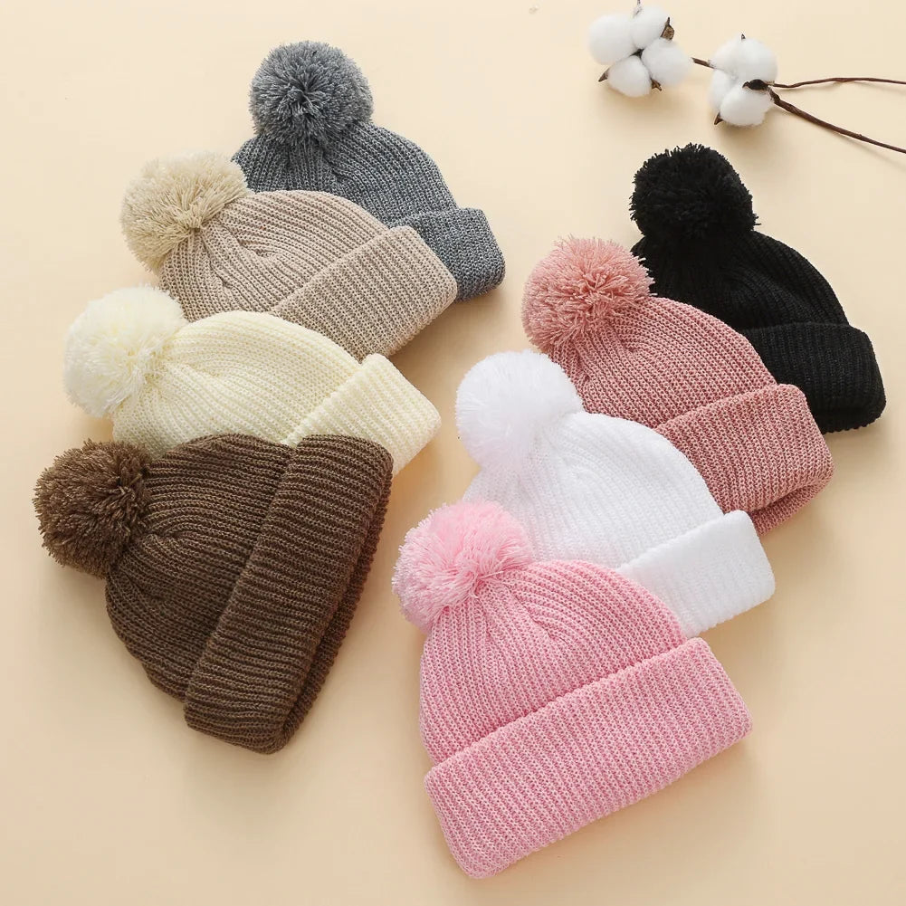 Solid Pom Knitted Baby Beanie | Newborn Infant Winter Hat