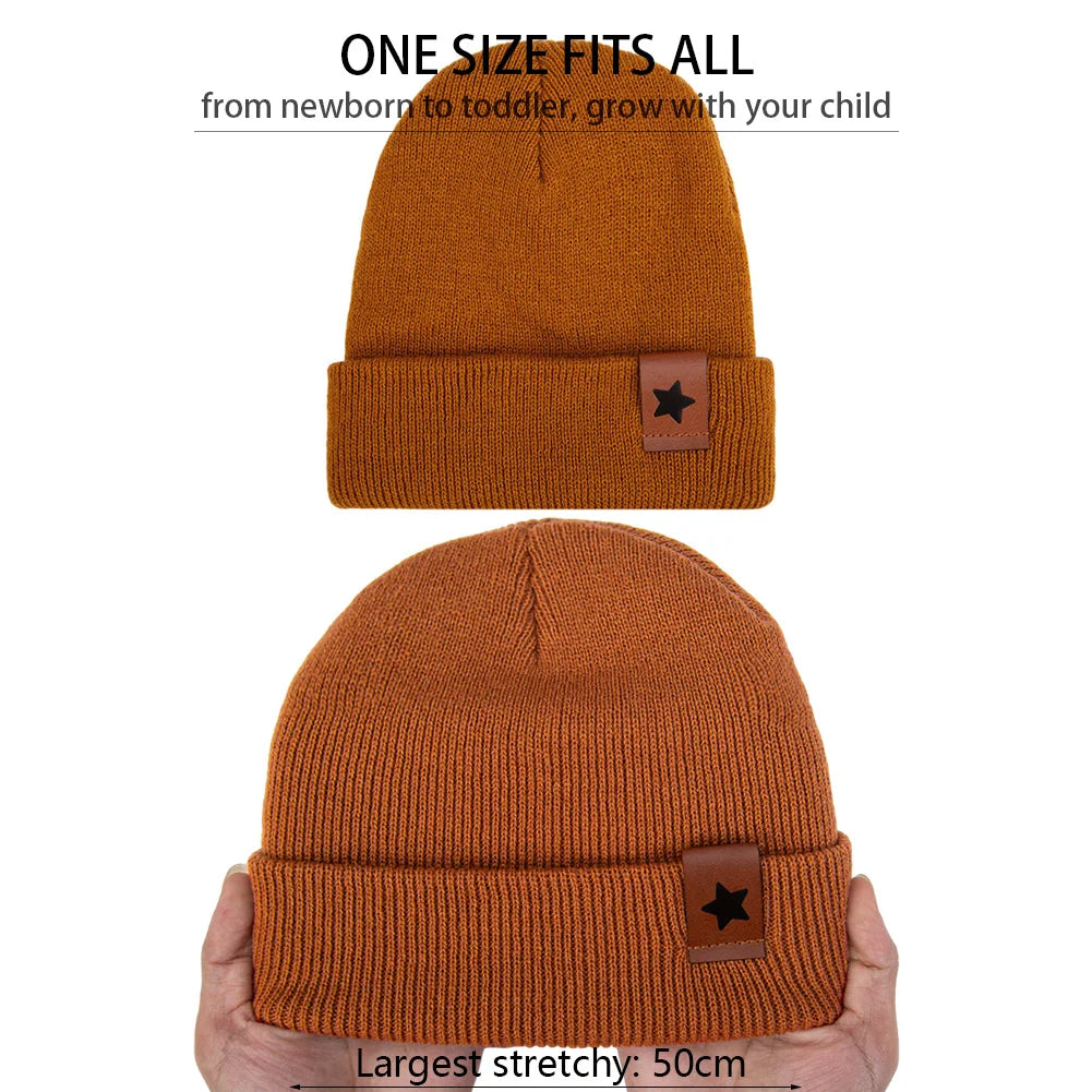 Baby Knitted Hat and Glove Set | Solid Winter Turban with Leather Star Tag