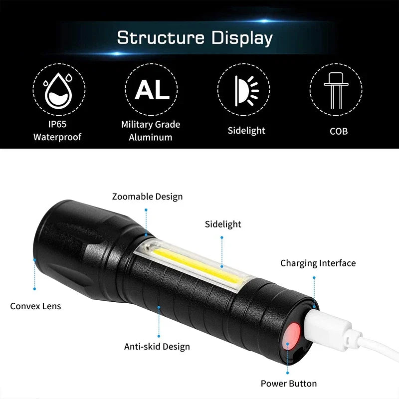 Portable Rechargeable Zoom LED Flashlight | Mini Torch for Camping