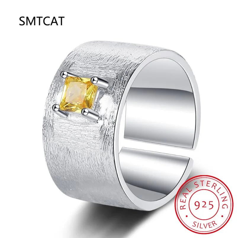 Real 925 Sterling Silver Square Citrine Gemstone Frosted Wide Opening Ring | Women Wedding Party Fine Jewelry