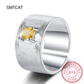 Real 925 Sterling Silver Square Citrine Gemstone Frosted Wide Opening Ring | Women Wedding Party Fine Jewelry