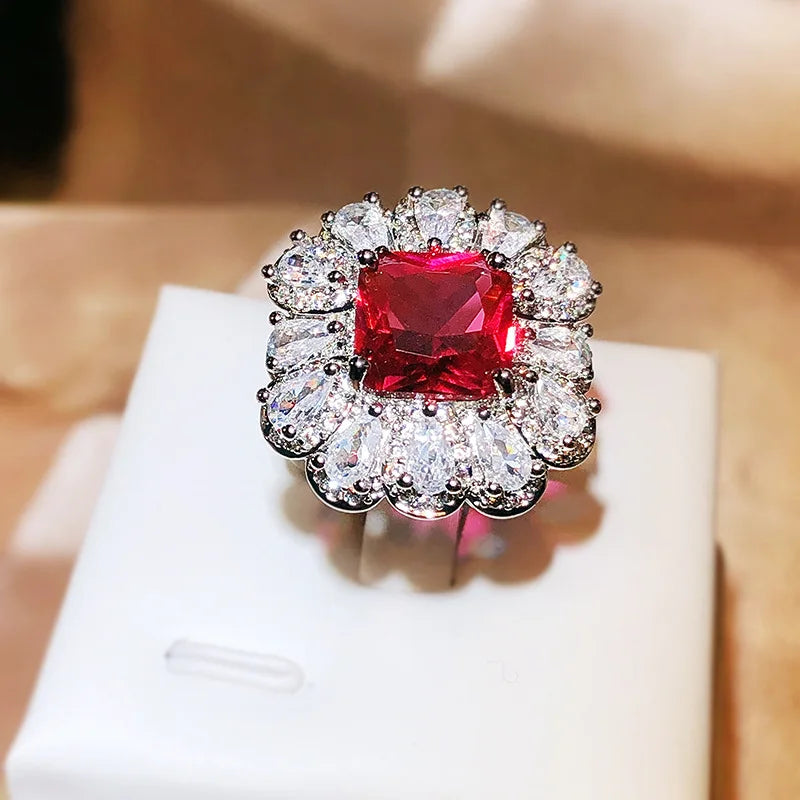 Red Zircon Paraiba Ring 925 Silver | Simple Geometry Cocktail Ring for Women