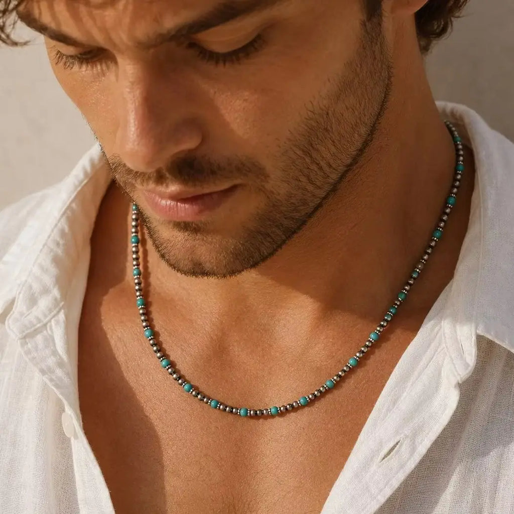 Synthetic Turquoise Necklace for Men | Natural Stone Mini Beads Summer Beach Bohemian Jewelry