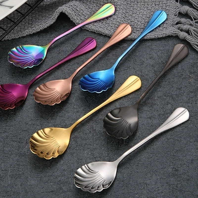 Shell Shape Stainless Steel Spoon with Long Handle | Dessert Spoon and Ice Cream Scoop